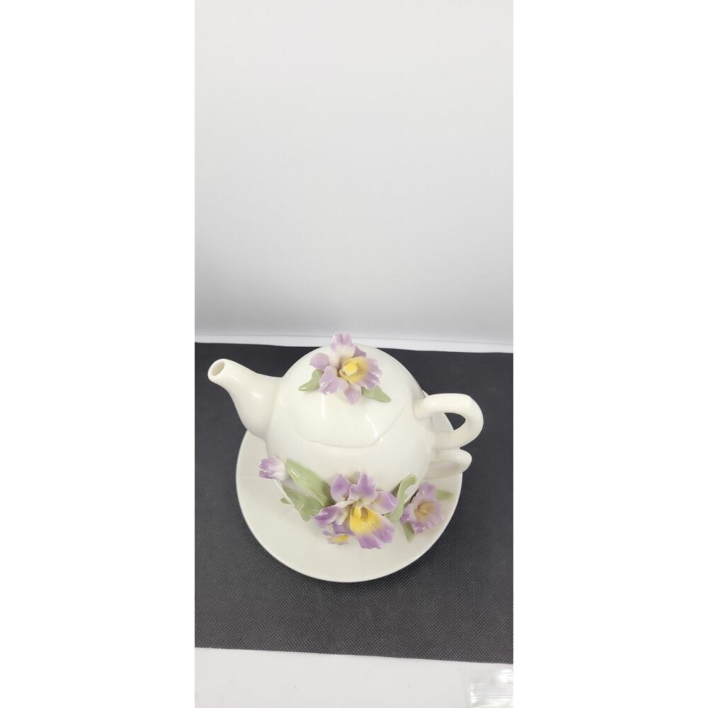 Porcelain Tea For One Set 3D Purple Iris Flowers Teapot Cup Saucer Floral - Picture 4 of 11